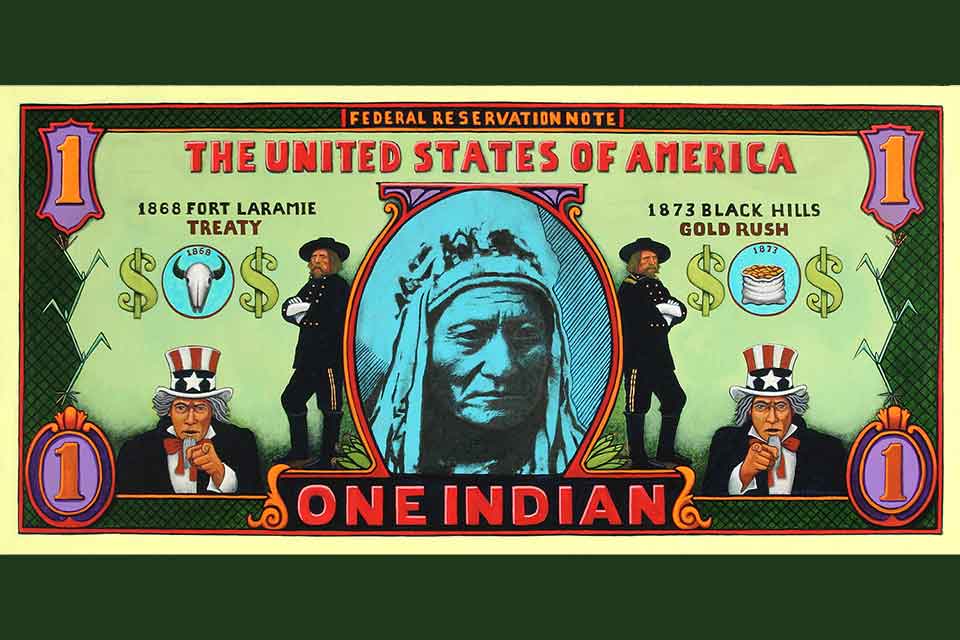 An illustration designed like a US Dollar. A Native American in headdress sits in the center.