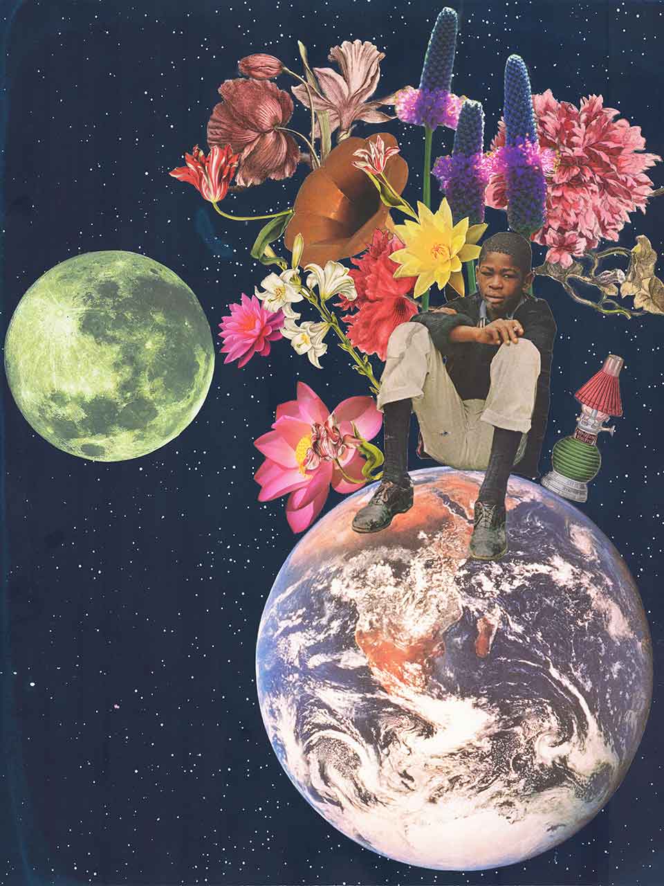 A digitally manipulated image of a young African American boy sitting on the Earth in space with flowers springing up all around him. The moon sits in the background. A detail from Terence Hammonds (American, born 1976), Hope, 2022, HD print on aluminum, 24 x 18 in.