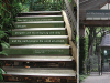 A diptych featuring (on the left) of stairs descending in a forest with the text from "Where the Wild Things Are" printed on the faces and (on the right) a photograph of a gate to a garden space with the words "Let the beauty we love be what we do" printed on the gabling above the gate