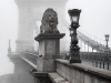 A stone lion adorns the entrance to a bridge that stretches into the background which is swaddled in fog