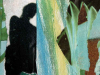 A detail taken from abstract painting. A shadowy figure inhabits the left side of the painting with largely vertical color fields in the right.