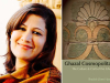 A photograph of Shadab Zeest Hashmi juxtaposed with the cover to her book Ghazal Cosmopolitan