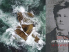 A rock being whipped by ocean waves from above with the cover to the Rimbaud biography inset on the right side of the image