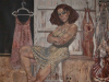 A painting of a woman in a sundress, reclining on a butcher block as a dress and freshly dressed meat hangs in the background