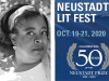 A photograph of NSK juror Tanita Davis juxtaposed with the graphic logo for the 2020 Neustadt Lit Festival