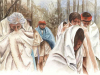 An illustration of several indigenous people, cloaked while walking through a forest