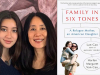 A photograph of Lan and Harlan Margaret Cao juxtaposed with the cover to their book, Family in Six Tones
