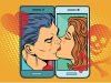 An illustration showing two faces kissing as they emerge from smart phones