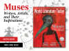 The cover to the May/June 2022 issue of WLT (featuring a striking illustration of a bird-faced figure on a stark red background). Text adjacent reads: Muses: Writers, Artists, and Their Inspiration. 