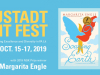 Text reads: Neustadt Lit Fest. Celebrating excellence and diversity in YA lit. Oct 15 through 19 2019 with 2019 NSK Prize winner Margarita Engle