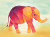 A watercolor illustration of an elephant, dominated by red and orange hues