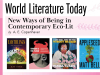 A collage tile featuring the covers to the four books discussed in the article below. Text reads: World Literature Today. New Ways of Being in Contemporary Eco-Lit, by A. E. Copenhaver