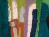 An abstract expressionist painting featuring thick vertical lines on a green canvas