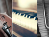 Close up images of a violin, a piano, and a tuning fork formed into a triptych
