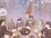 A soft illustration of a family around a table