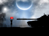 A silhouetted figure holds up red flag with words in Arabic in white beneath a stylized moon