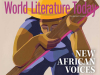 A reduction of the cover to the March 22 issue of WLT, an illustration of a dark skinner person wearing a hard hat holding pieces of wood. The cover text reads World Literature Today with the subheading New African Voices