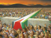 A painting showing thousands of people carrying a giant cross flat across the top of the throng, the flag of Palestine painted on the vertical beam of the cross