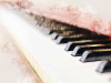 A close-up photograph looking down the keyboard of a piano, run through a digital filter that makes it appear to be a watercolor painting toward the edges