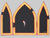 An illustration replicating Orthodox Catholic iconography but the central is a tiny, shrunken figure