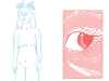 A delicate line drawing in blue of a nude female form juxtaposed with a panel in red of a human eye