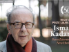 A photograph of writer Ismail Kadare who is identified by text as the 2020 Neustadt Laureate