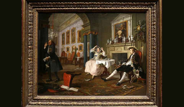 A William Hogarth painting of some aristocratic dandies lounging about in fancy chairs having a conversation