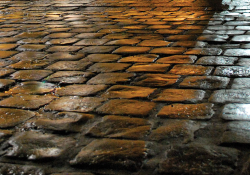 A cobbled street, under street lamps at night, gradating in color from brown to grey.
