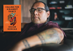 A photograph of Oscar Hokeah with the cover to his book Calling for a Blanket Dance
