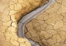 An aerial photograph of a dry river bed cutting through a dessicated landscape