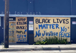 Spray painted words adorn the side of a boarded up building. Text reads: Stop killing black people. Black Lives Matter. No justice. No peace.