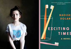 A photo of Naoise Dolan juxtaposed with the cover to her book Exciting Times