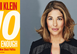 The cover to Naomi Klein's No is Not Enough juxtaposed with a photo of the author