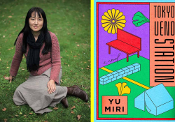 A photograph of Yu Miri juxtaposed with the cover to her book Tokyo Ueno Station