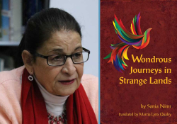 A photograph of writer Sonia Nimr juxtaposed with the cover to her book Wondrous Journeys in Strange Lands