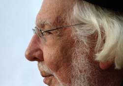 A close cropped photograph of the poet Ernesto Cardenal