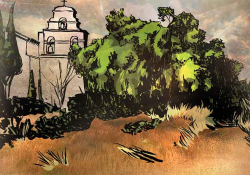 A color drawing of a stone building with a tree featured prominently in the foreground