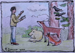 A crayon drawing of a human being reading to forest animals