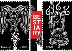Two surreal illustrations, rendered in white on a black background with the word "Bestiary" in white on a red background in the center