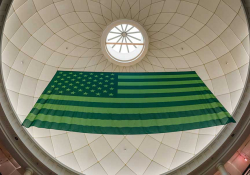 A photograph of an American flag, reimagined in green, hanging from a domed ceiling, as seen from below