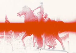 An image of a figure astride a horse. There is a saturated red field running horizontally down the center