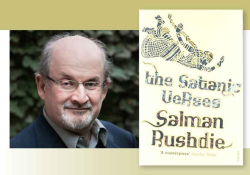 A photo of Salman Rushdie juxtaposed with the cover to his book The Satanic Verses