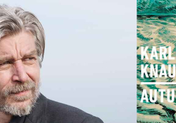 A photo of Karl Ove Knausgård juxtaposed with the partial cover to his book Autumn