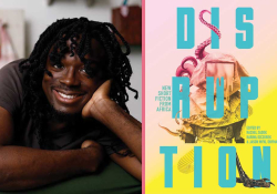 A photograph of Edwin Okolo juxtaposed with the cover to the book Disruption