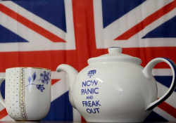 Brexit tea pot with "Now Panic and Freak Out"