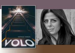 A photograph of Nathalie Handal juxtaposed with the cover to her book Volo
