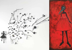 Two paintings juxtaposed. The image on the left shows a female image in black with flowers emerging from her hand against a white canvas. On the right, a female figure with a bird's head against a red background