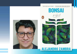A photograph of Alejandro Zambra juxtaposed with the cover to his book Bonsai over a blue gradiant background