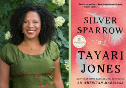 A photograph of Tayari Jones juxtaposed with the cover to her book Silver Sparrow