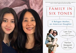 A photograph of Lan and Harlan Margaret Cao juxtaposed with the cover to their book, Family in Six Tones